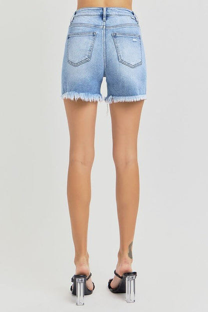 Risen high-rise distressed denim shorts with mid-thigh length and classic cutoff style, featuring a 5-inch inseam.