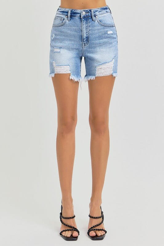 High Rise Mid - Thigh Distressed Denim Shorts – 5" Inseam Classic Cutoff - Cowgirl Charm