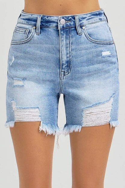 Risen high-rise distressed denim shorts with a mid-thigh cut and 5-inch inseam, featuring a classic cutoff style.