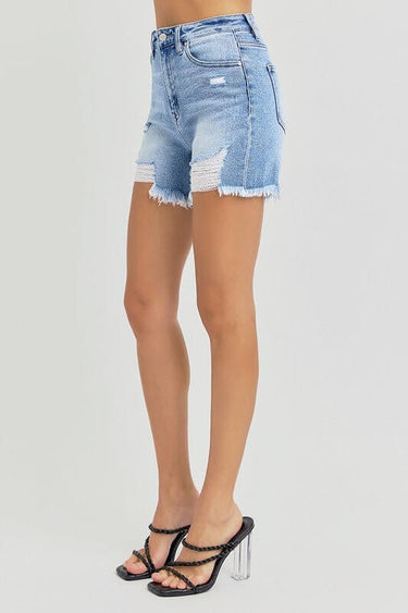 High Rise Mid - Thigh Distressed Denim Shorts – 5" Inseam Classic Cutoff - Cowgirl Charm