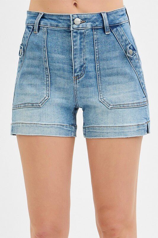 High Rise Patched Pocket Denim Shorts – Light Wash - Cowgirl Charm