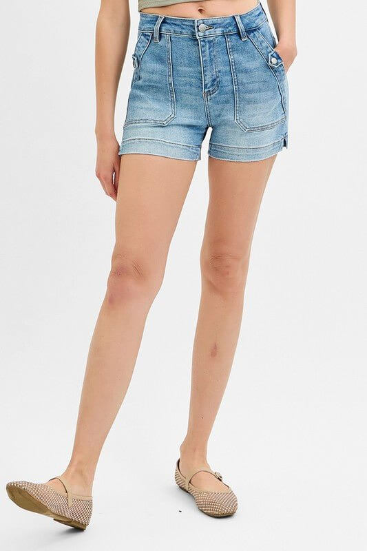 High Rise Patched Pocket Denim Shorts – Light Wash - Cowgirl Charm