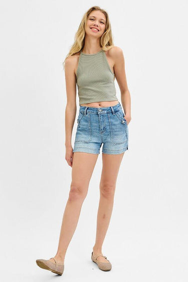 High Rise Patched Pocket Denim Shorts – Light Wash - Cowgirl Charm