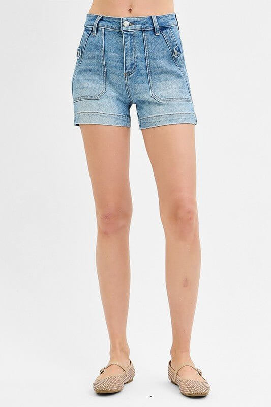 High Rise Patched Pocket Denim Shorts – Light Wash - Cowgirl Charm