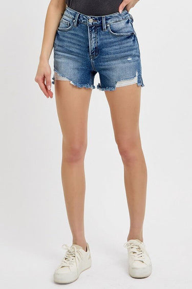 High Rise Step Hem Denim Shorts – Side Slit Distressed Cutoff - Cowgirl Charm