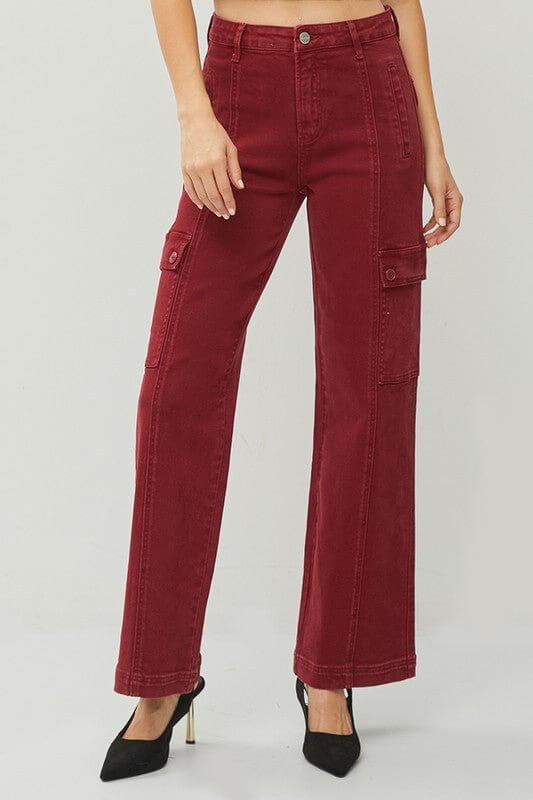 Risen high-rise wide cargo pants with multiple pockets and relaxed fit, shown in a neutral color.