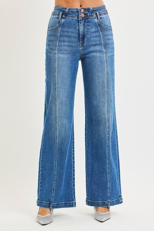 Risen high-rise wide jeans showing front and back with curved seam design, denim fabric, and classic five-pocket style.