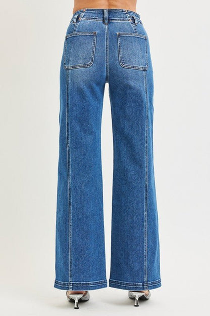 Risen high-rise wide jeans with front and back curved seams, showing the fit and design details from the front and back views.