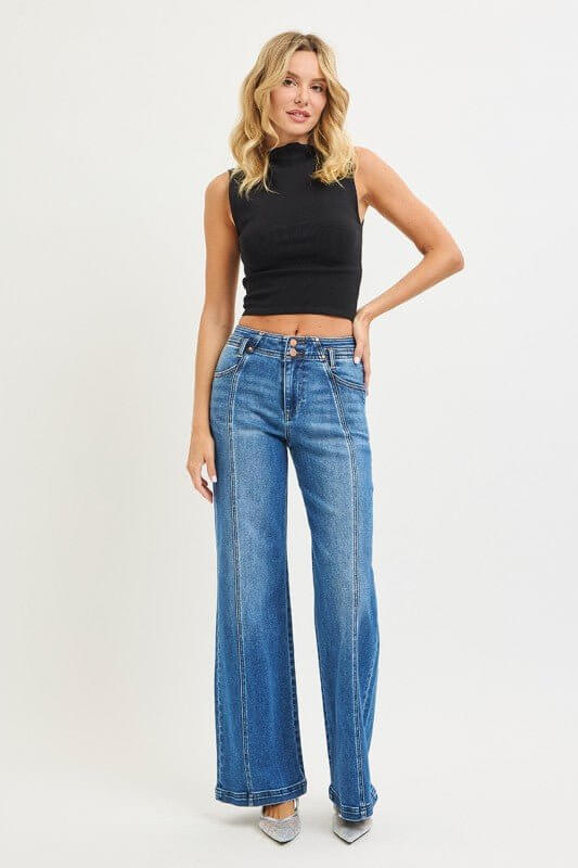 Risen high-rise wide jeans showing front and back with curved seam details, denim fabric, and classic five-pocket design.