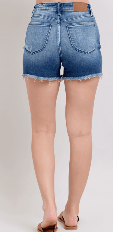 High Waist V - Front Denim Shorts with Shield Pockets - Judy Blue - Cowgirl Charm