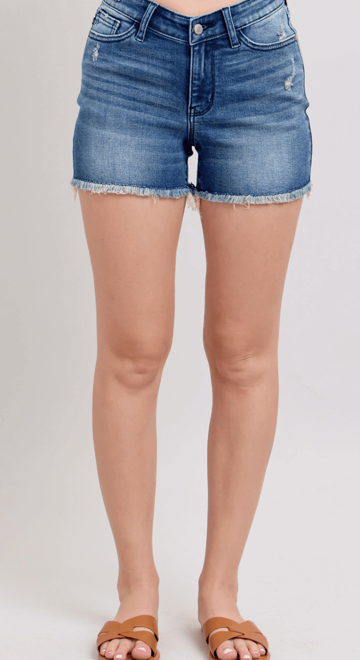 High Waist V - Front Denim Shorts with Shield Pockets - Judy Blue - Cowgirl Charm