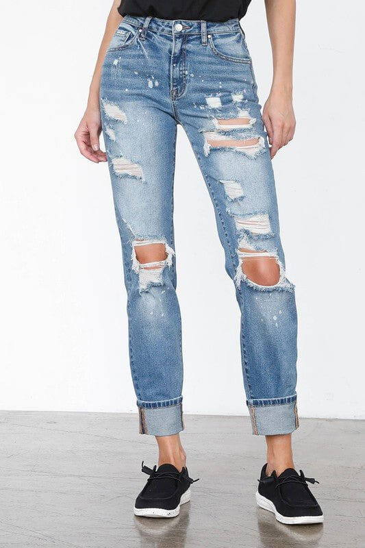 High Waisted Distressed Girlfriend Jeans – Ripped Light Wash Stretch Denim - Cowgirl Charm