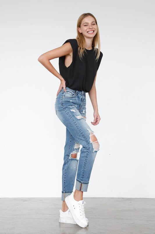 High Waisted Distressed Girlfriend Jeans – Ripped Light Wash Stretch Denim - Cowgirl Charm