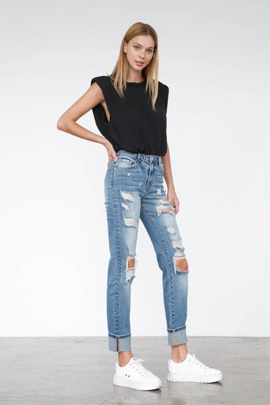 High Waisted Distressed Girlfriend Jeans – Ripped Light Wash Stretch Denim - Cowgirl Charm