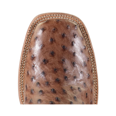 HYER Jetmore men's full-quill ostrich cowboy boots in tabac and turquoise with intricate stitching and pointed toe design.