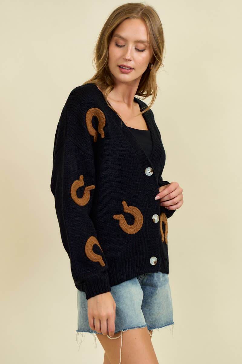 Doe and Rae Horseshoe Patch Cardigan, cozy knit sweater with horseshoe patch detail, stylish and comfortable for casual wear.