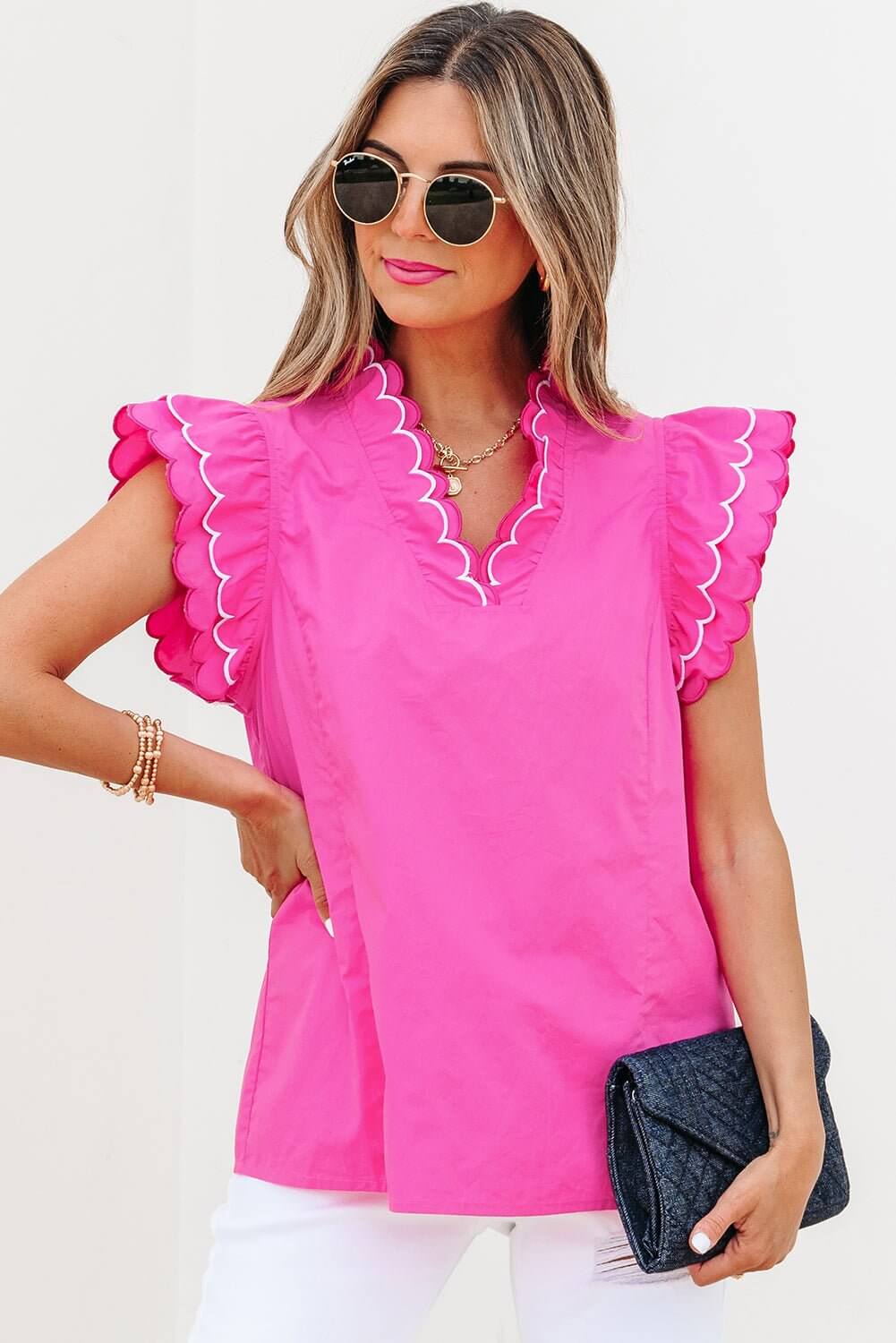 Hot Pink Ruffle Sleeve Top – Scalloped V - Neck Blouse | Cowgirl Charm Boutique - Cowgirl Charm