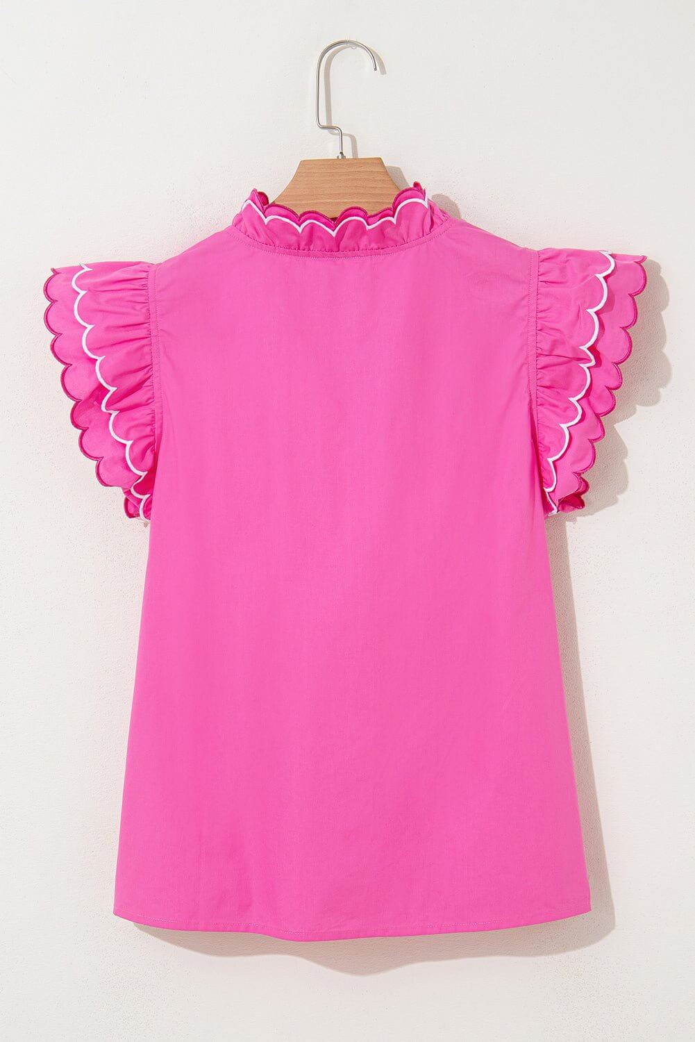 Hot Pink Ruffle Sleeve Top – Scalloped V - Neck Blouse | Cowgirl Charm Boutique - Cowgirl Charm