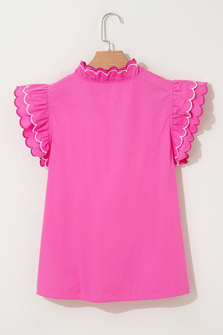 Hot Pink Ruffle Sleeve Top – Scalloped V - Neck Blouse | Cowgirl Charm Boutique - Cowgirl Charm