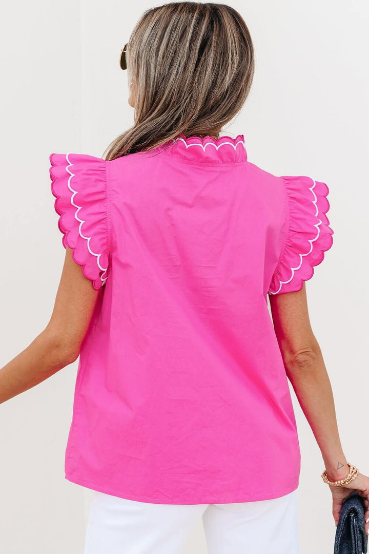 Hot Pink Ruffle Sleeve Top – Scalloped V - Neck Blouse | Cowgirl Charm Boutique - Cowgirl Charm