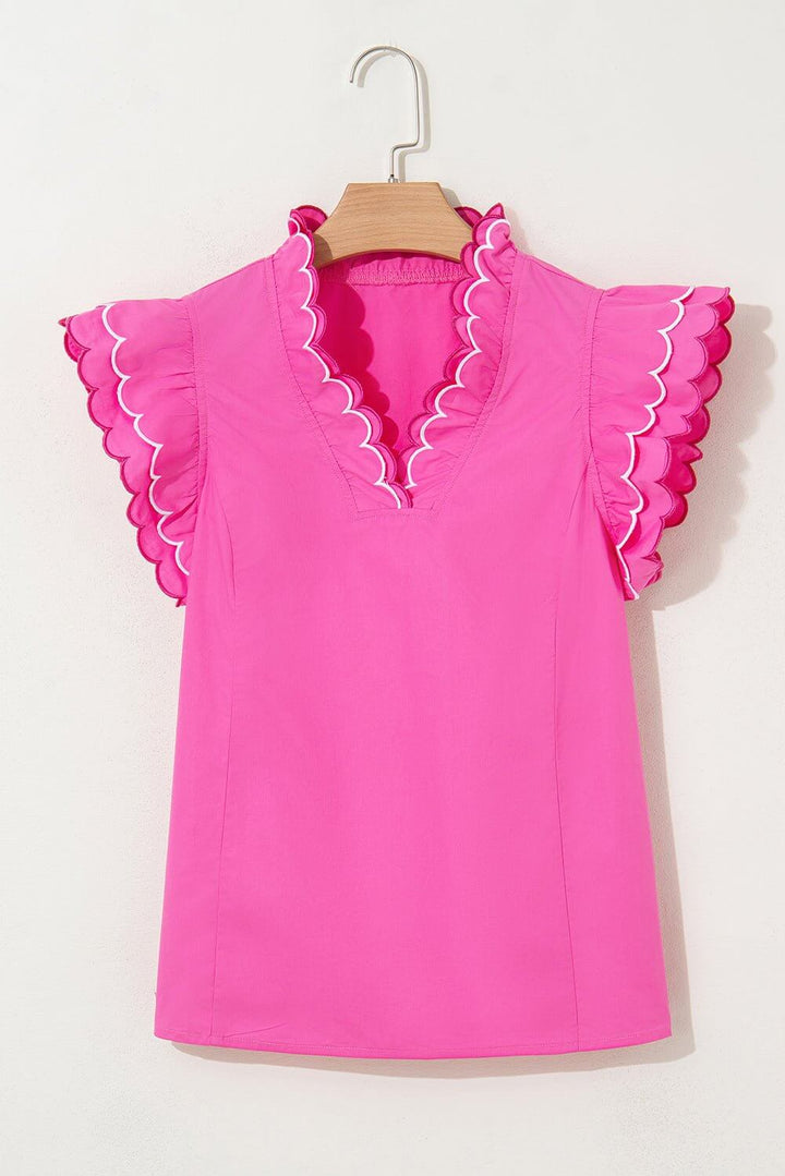 Hot Pink Ruffle Sleeve Top – Scalloped V - Neck Blouse | Cowgirl Charm Boutique - Cowgirl Charm
