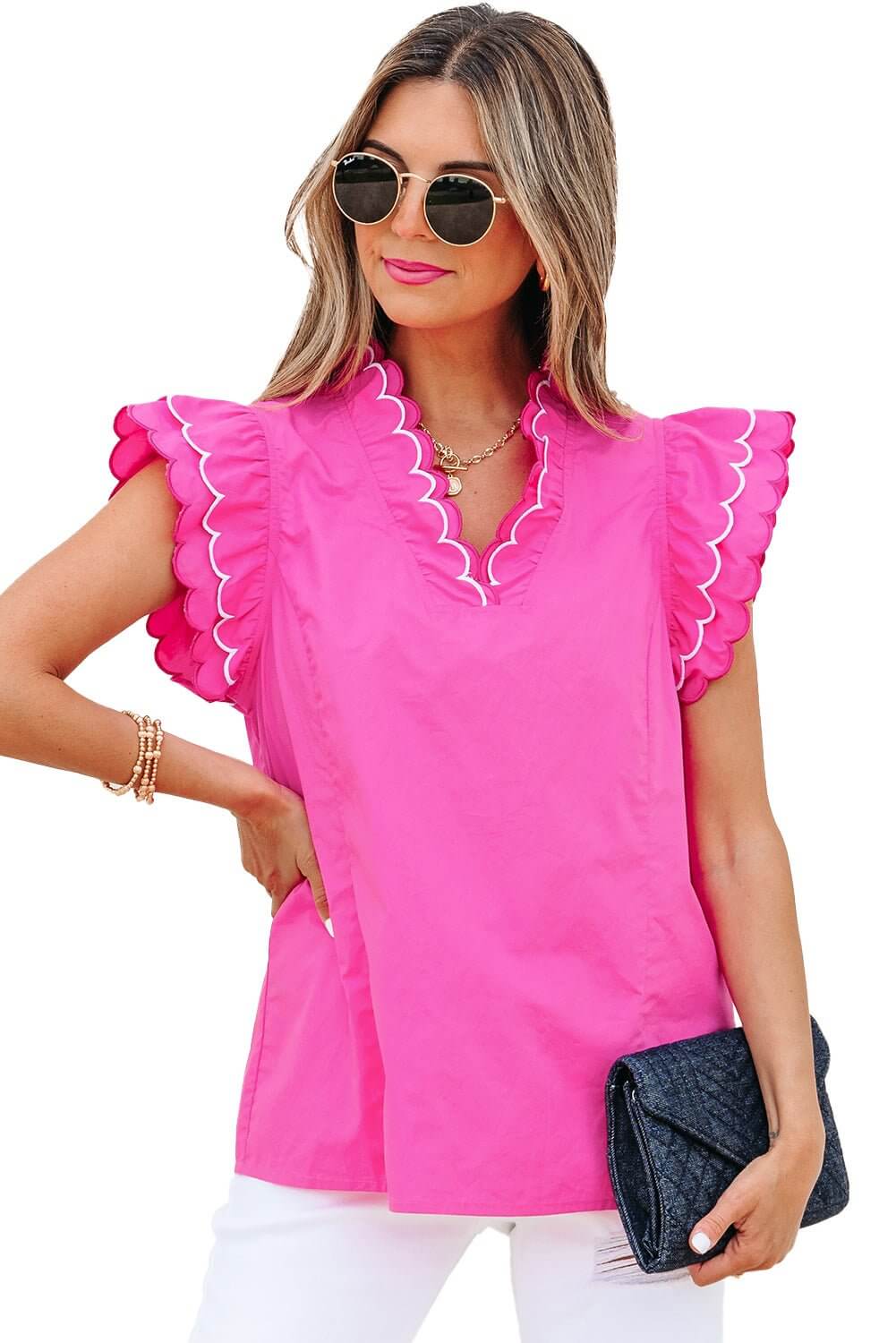 Hot Pink Ruffle Sleeve Top – Scalloped V - Neck Blouse | Cowgirl Charm Boutique - Cowgirl Charm