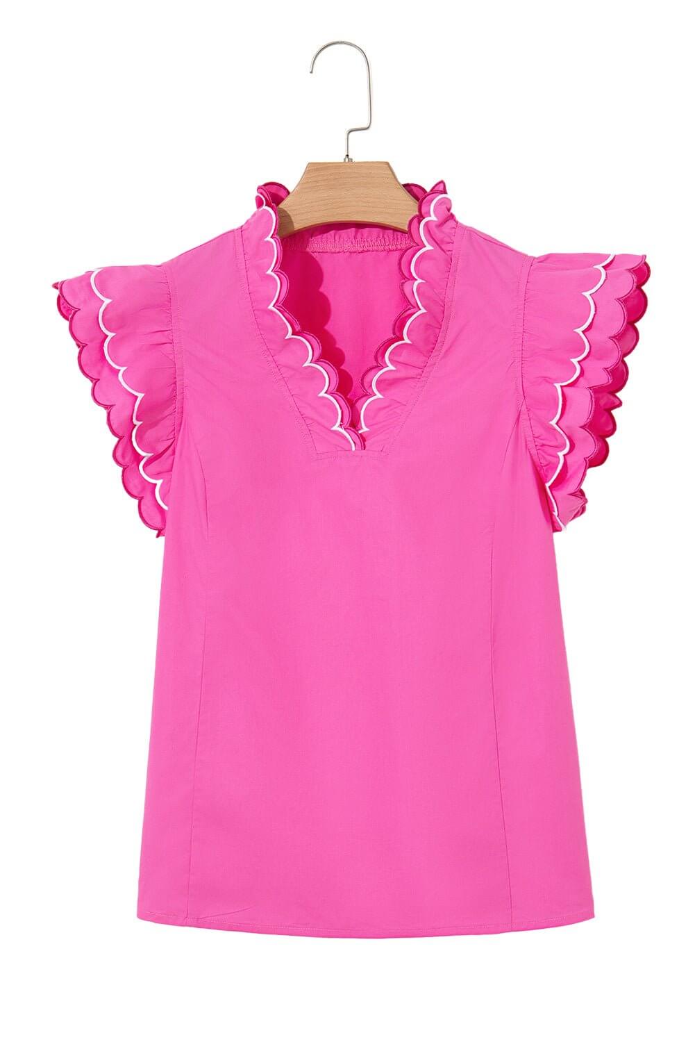 Hot Pink Ruffle Sleeve Top – Scalloped V - Neck Blouse | Cowgirl Charm Boutique - Cowgirl Charm