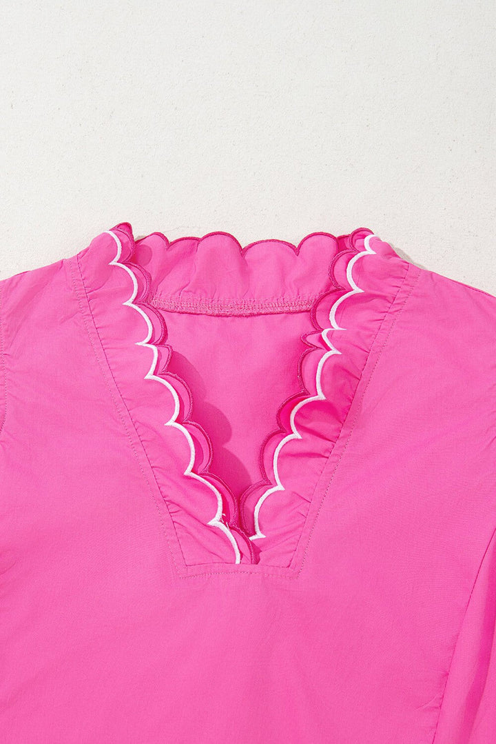 Hot Pink Ruffle Sleeve Top – Scalloped V - Neck Blouse | Cowgirl Charm Boutique - Cowgirl Charm