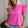 Hot Pink Ruffle Sleeve Top – Scalloped V - Neck Blouse | Cowgirl Charm Boutique - Cowgirl Charm