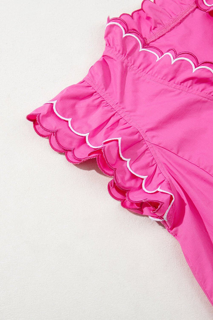 Hot Pink Ruffle Sleeve Top – Scalloped V - Neck Blouse | Cowgirl Charm Boutique - Cowgirl Charm