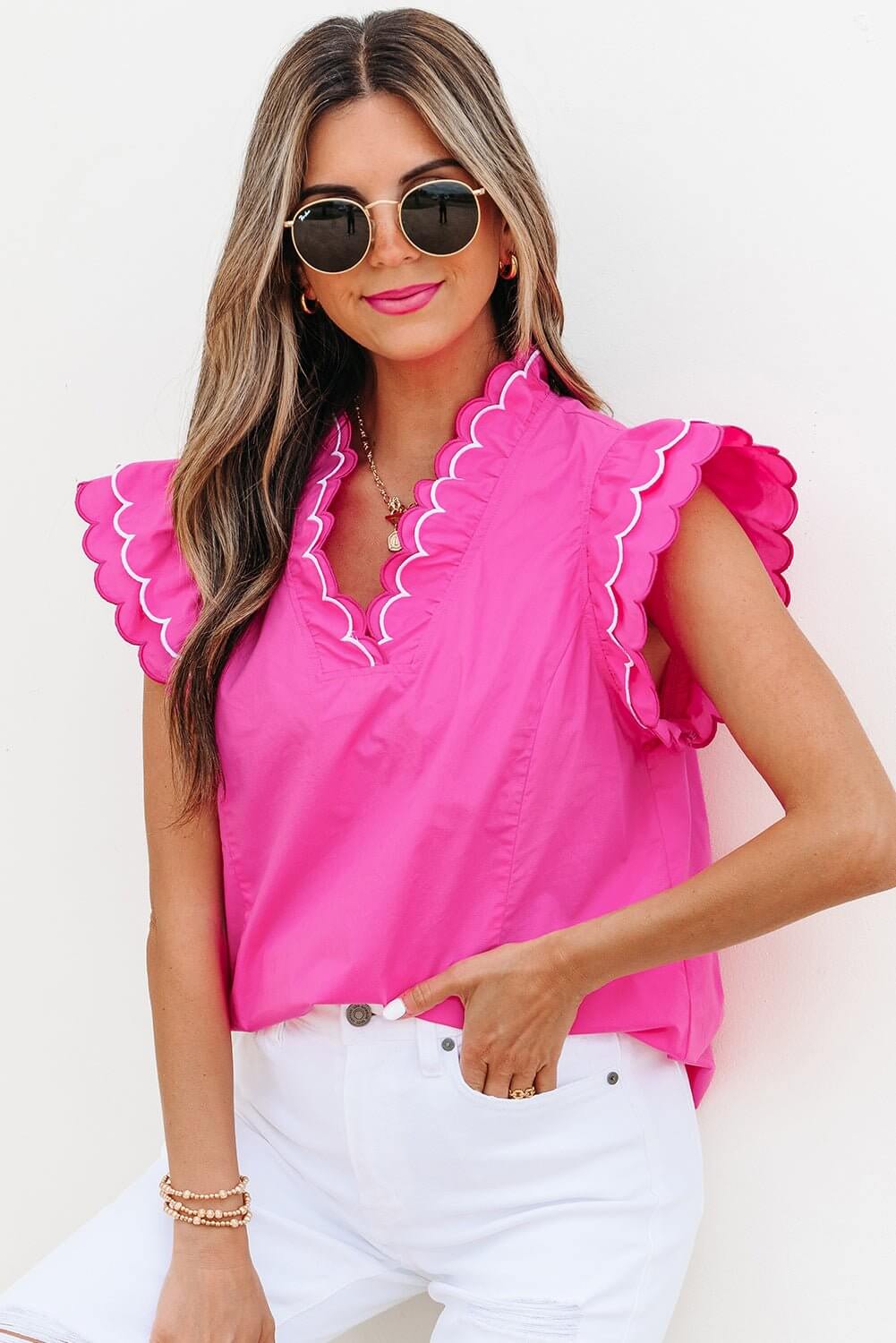 Hot Pink Ruffle Sleeve Top – Scalloped V - Neck Blouse | Cowgirl Charm Boutique - Cowgirl Charm