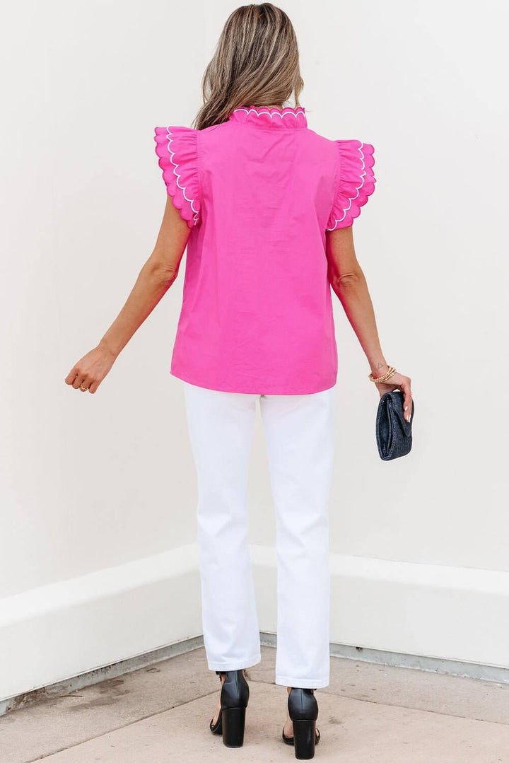 Hot Pink Ruffle Sleeve Top – Scalloped V - Neck Blouse | Cowgirl Charm Boutique - Cowgirl Charm