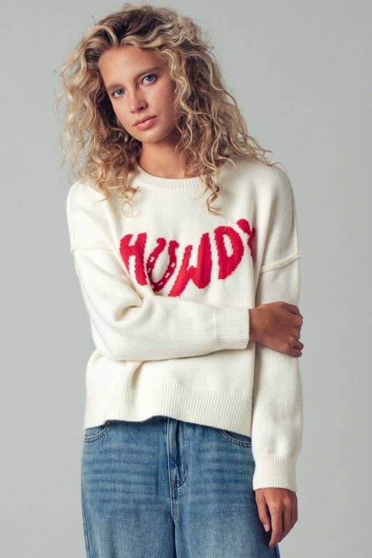 Urban Daizy Howdy slogan relaxed knit sweater with a cozy fit and casual style, featuring a bold "Howdy" graphic on the front.