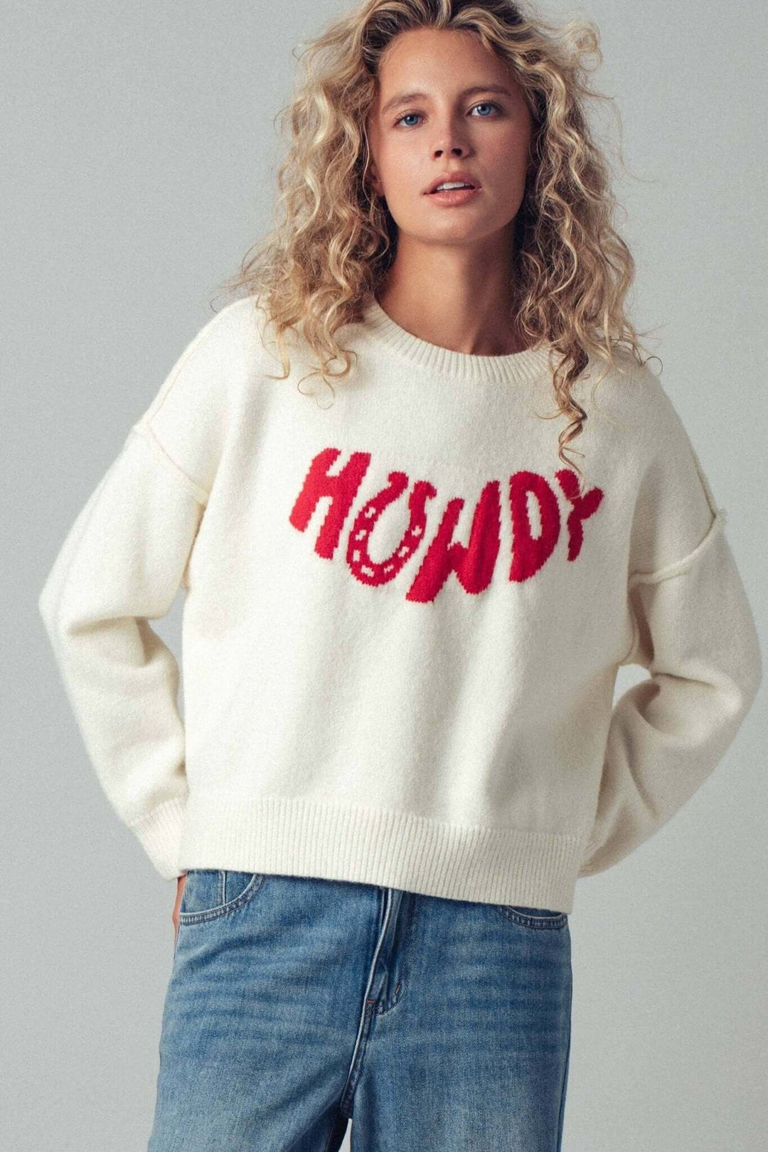 Howdy Slogan Relaxed Knit Sweater - Cowgirl Charm