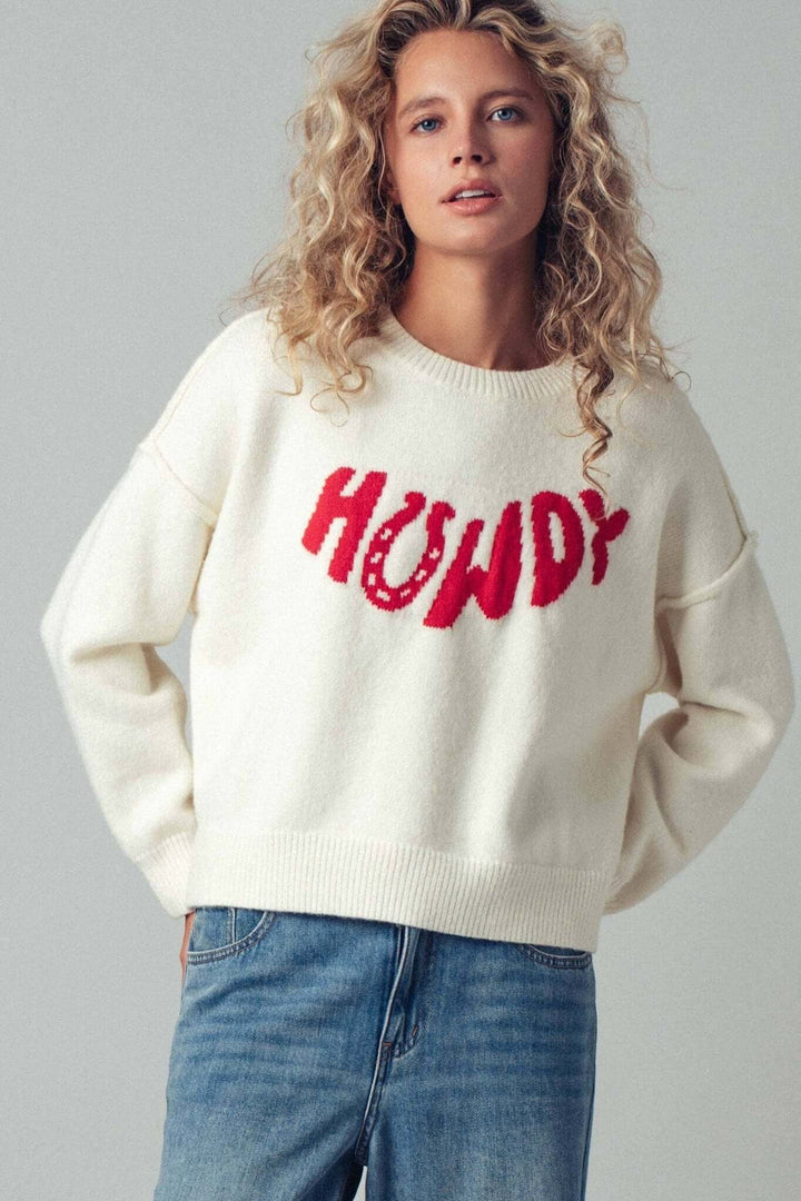 Howdy Slogan Relaxed Knit Sweater - Cowgirl Charm