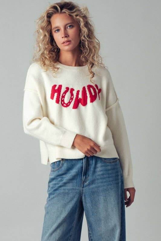 Urban Daizy Howdy slogan relaxed knit sweater, casual knitwear with a relaxed fit and bold printed design, perfect for everyday wear