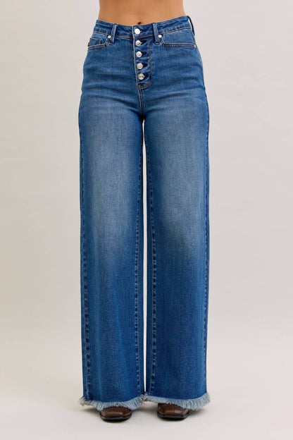 High rise Judy Blue column straight jeans with button fly, back welt pockets, showcasing a classic denim style.