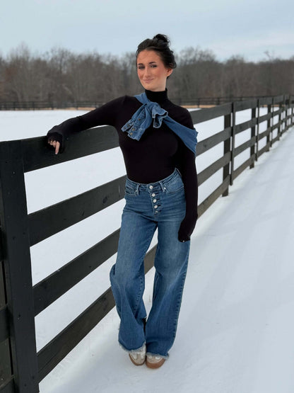 High rise Judy Blue straight column jeans with button closure, showcasing classic denim style and fit.