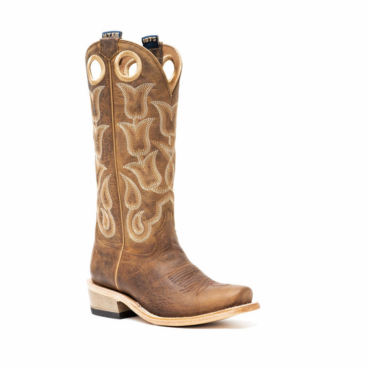 Hyer Tipton women's cowboy boots in saddle tan crunch cowhide with pointed toe and western stitching detail.