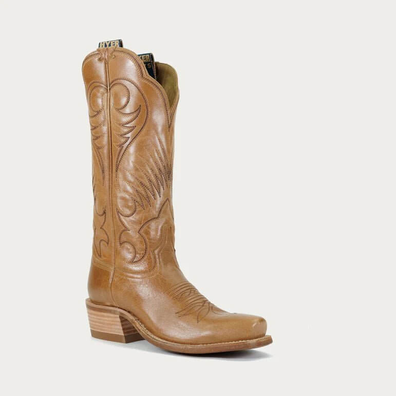 HYER Leawood boots in tan leather with a sleek silhouette, pointed toe, and low block heel, perfect for stylish everyday wear.