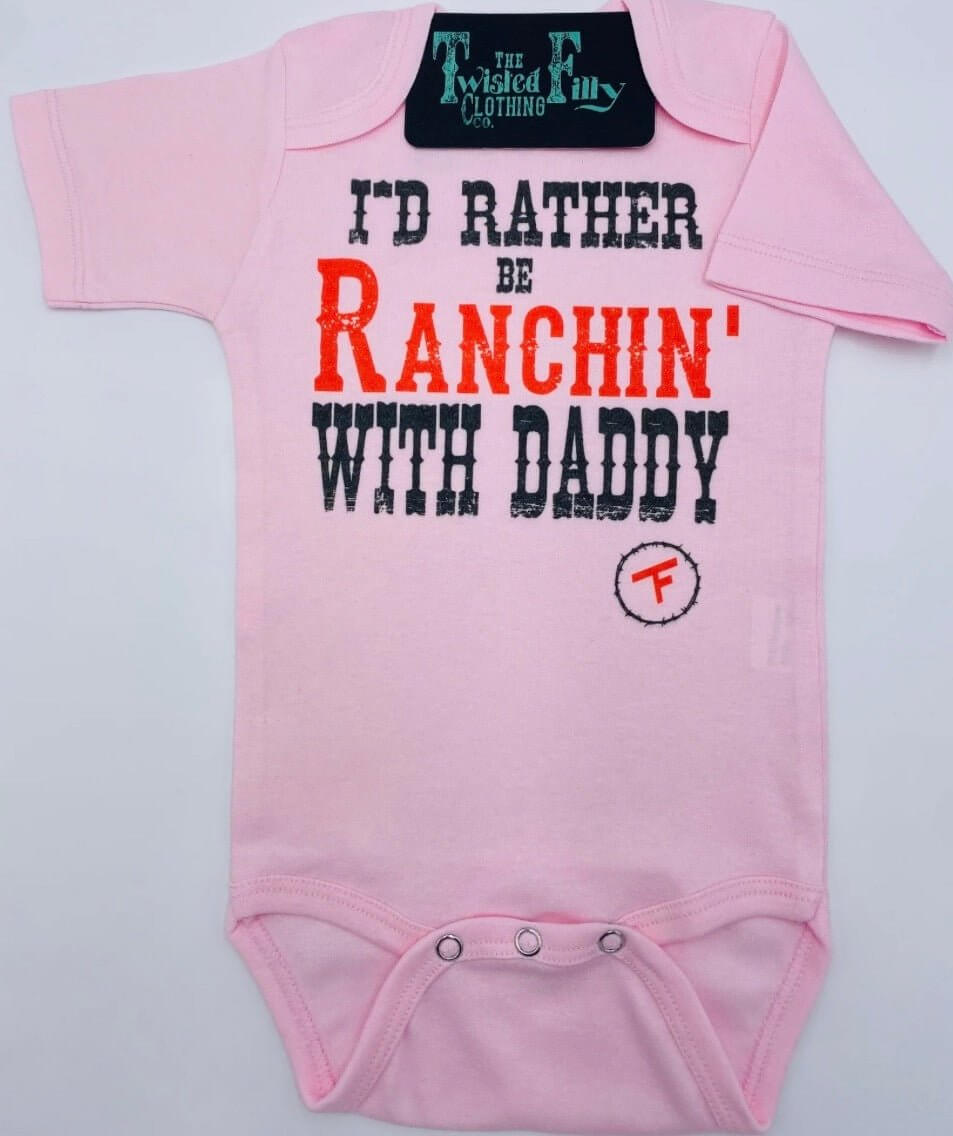 Baby's infant one-piece from The Twisted Filly featuring "I'd Rather Be Ranchin' W/ Daddy" design, perfect for kids and babies.