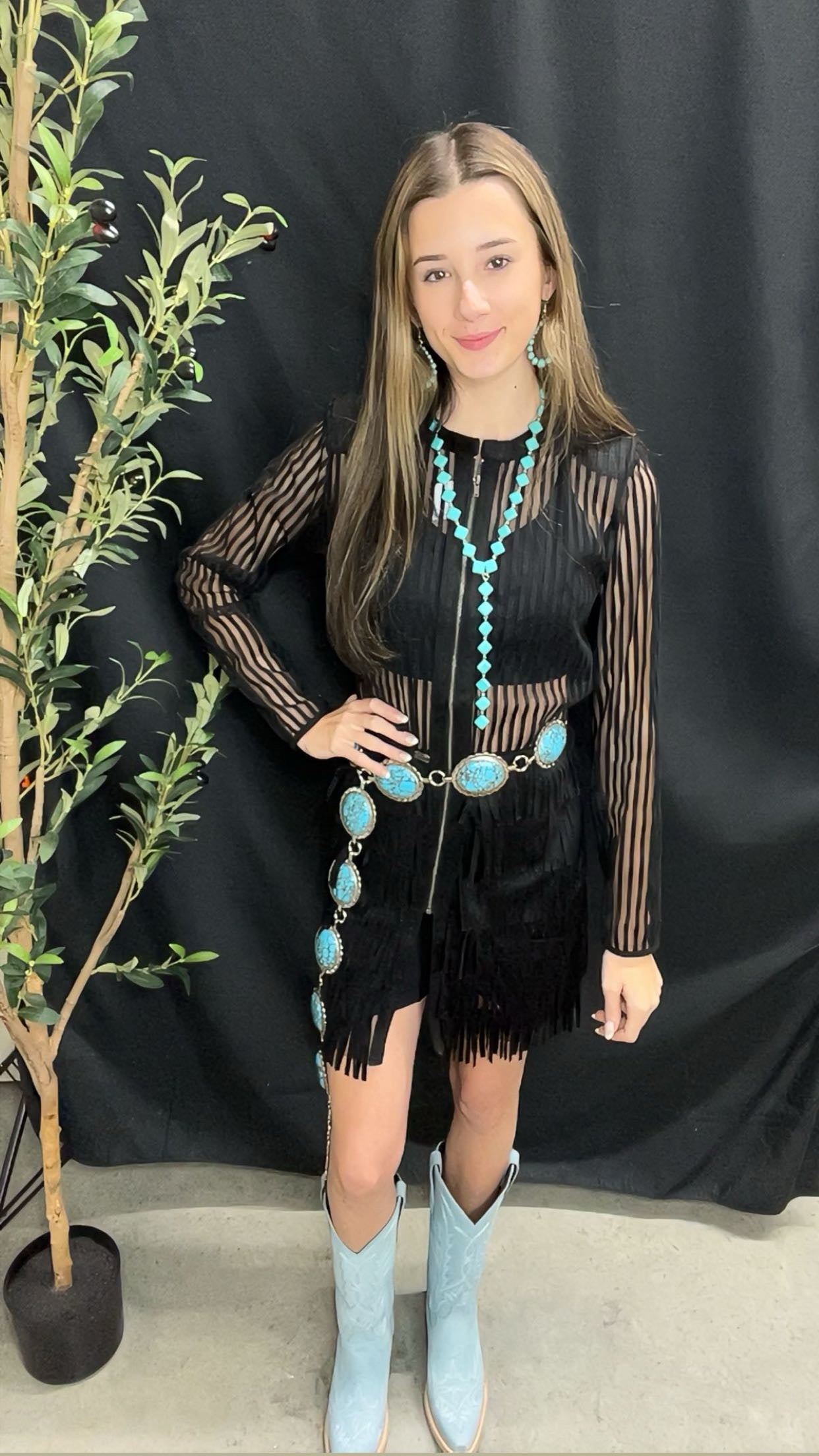 Lucky & Blessed Black Mesh Tiered Suede Fringe Zip Up Shirt Dress