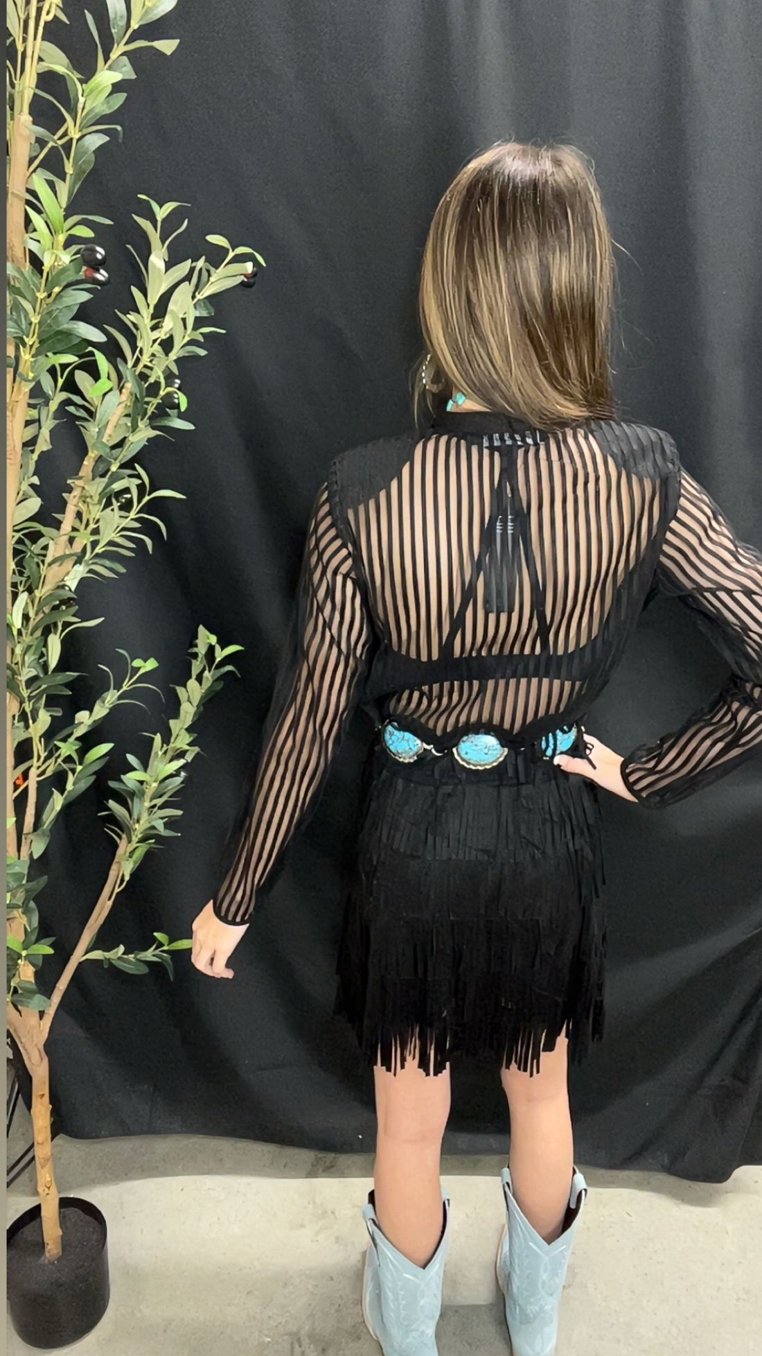 Lucky & Blessed Black Mesh Tiered Suede Fringe Zip Up Shirt Dress