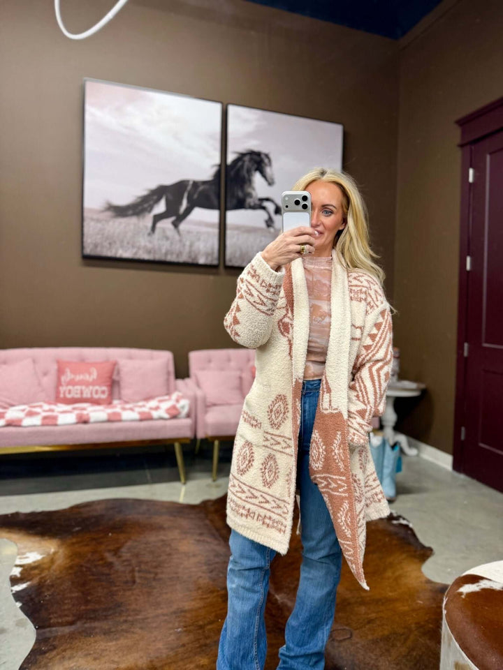 Ivory & Camel Aztec Skull Sherpa Belted Cardigan - Cowgirl Charm