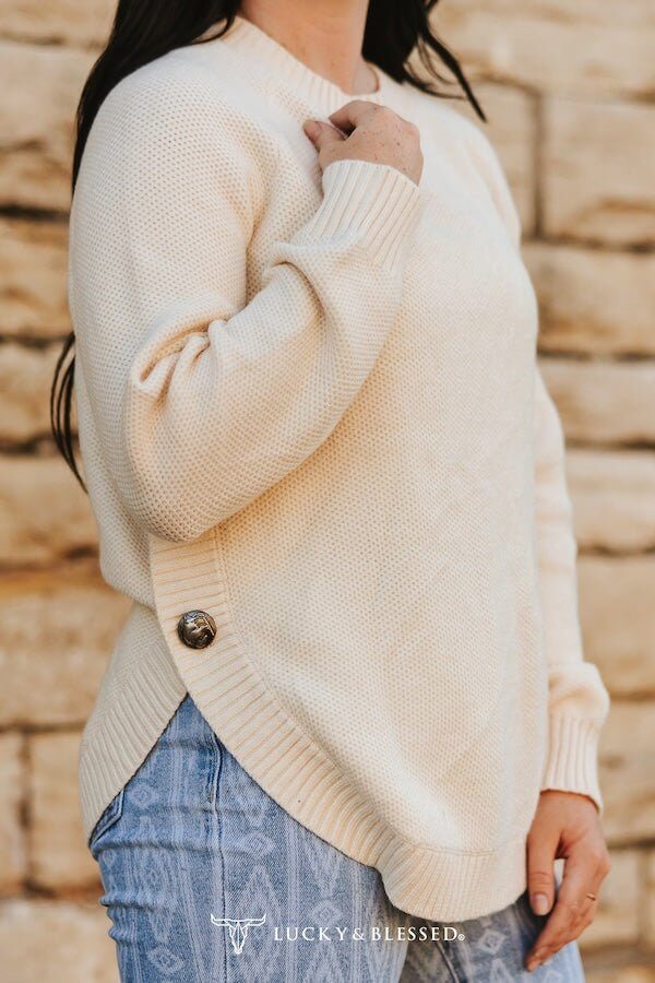 Ivory Knitted Round Hem Sweater Buffalo Button Detail - Cowgirl Charm