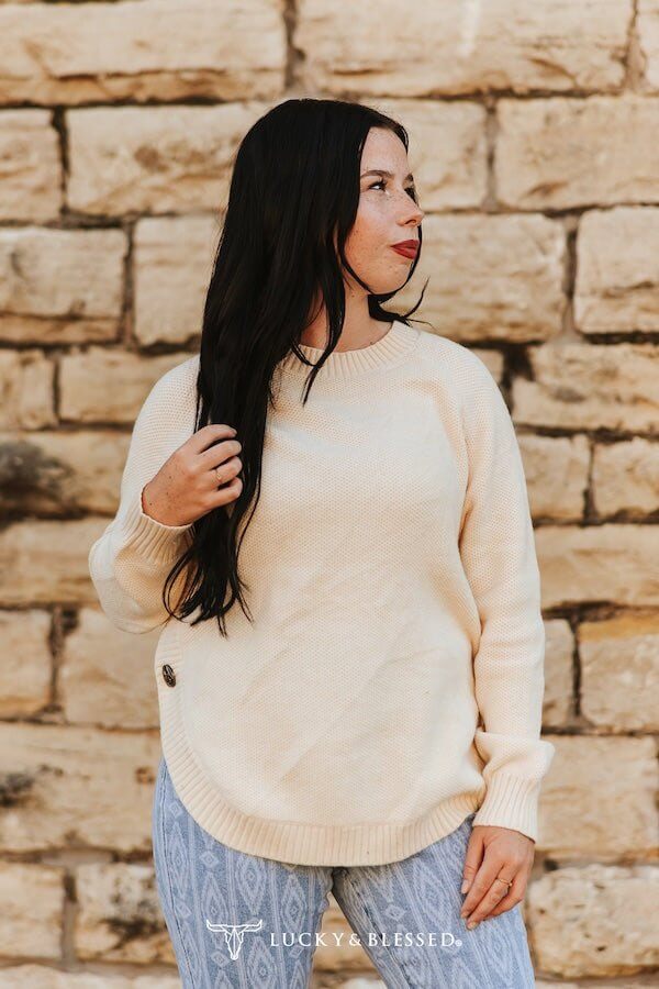 Ivory Knitted Round Hem Sweater Buffalo Button Detail - Cowgirl Charm