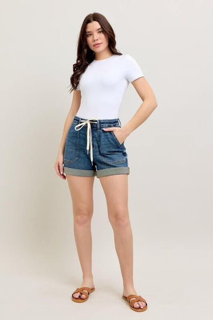 Judy Blue high-rise denim shorts with drawstring waist and rolled cuffs, stylish women's casual jean shorts.