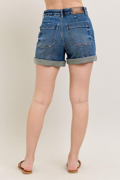 Judy Blue high-rise drawstring denim shorts with rolled cuffs, casual women's jean shorts styled with front pockets and distressed details.