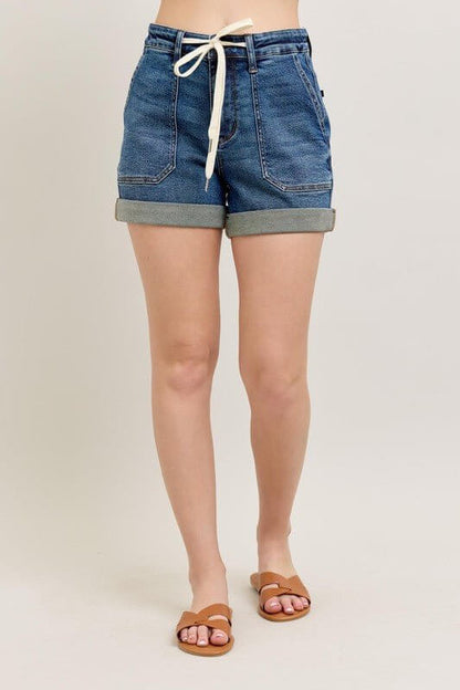 Judy Blue high-rise drawstring denim shorts with rolled cuffs, stylish women's jean shorts perfect for casual summer wear.