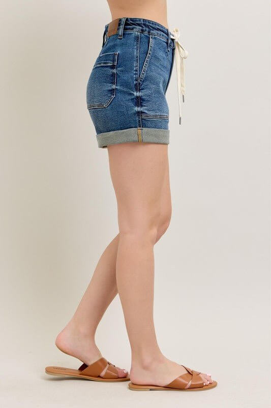 Judy Blue high-rise drawstring denim shorts with rolled cuffs, casual women's jean shorts perfect for warm weather.